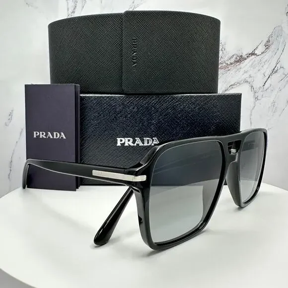 NEW PRADA Sunglasses Black Aviator Pilot 55-17mm Grey Lens Silver Logo